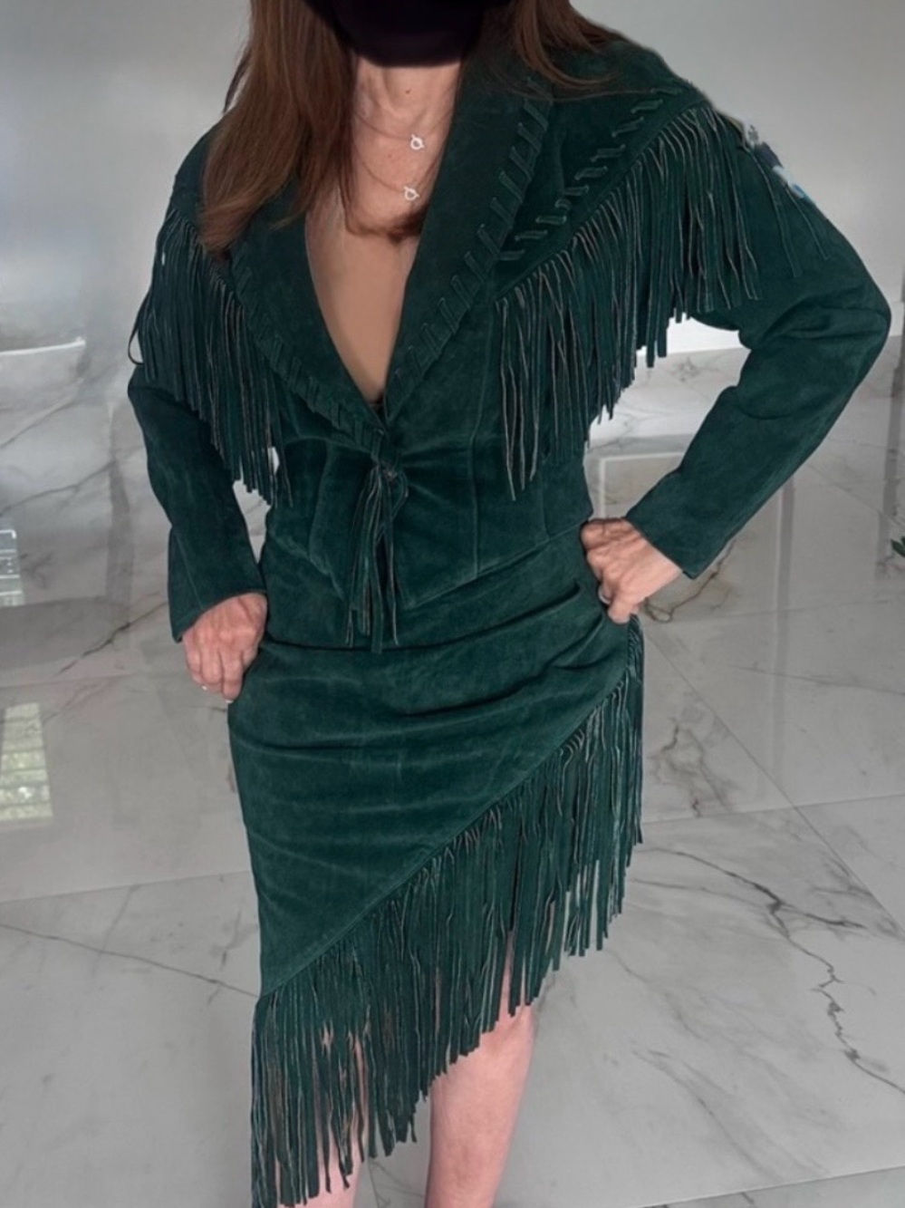 Dark Green Fringe Suede outfit. Worn one time. Includes jacket and skirt.